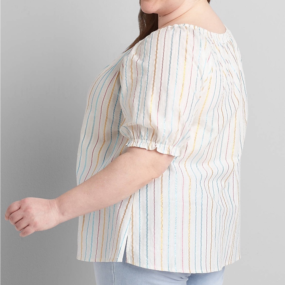 Lane Bryant Cotton Peasant Metallic-Stripe Puff-Sleeve Shirred Top Shirt Size 22 - Picture 3 of 7